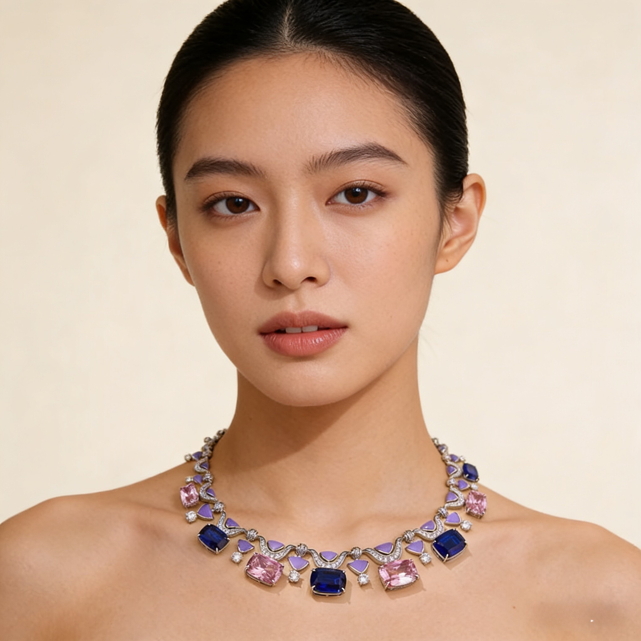 法式粉钻晚宴礼服锁骨链choker彩色高级感新娘项链耳环套装重工女