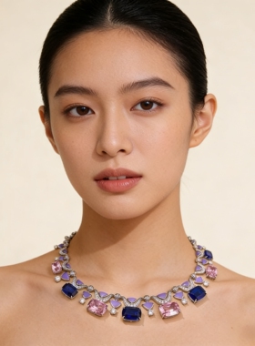 法式粉钻晚宴礼服锁骨链choker彩色高级感新娘项链耳环套装重工女