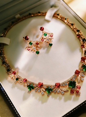 法式奢华高级感彩宝晚宴礼服晚装项链耳环套装新娘高级感重工颈链