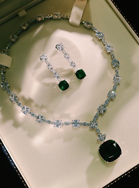 轻奢祖母绿方形水晶新娘锁骨链女
