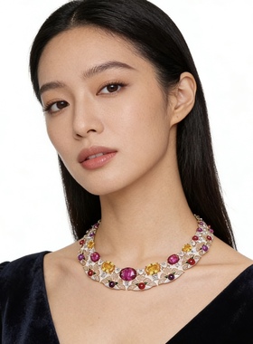 法式高级感多巴胺糖果色晚宴礼服婚礼走秀项链彩色人工宝石锁骨链
