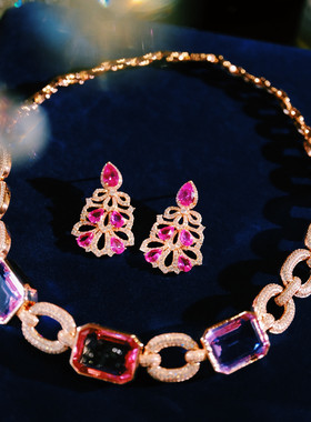 轻奢彩色水晶镶钻项链耳环套装