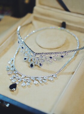 法式仙美高端轻奢蓝色宝石公主皇冠头饰项链新娘主婚纱晚礼服配饰