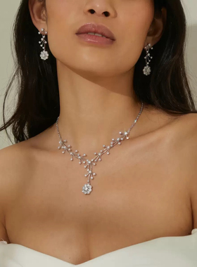 银色锆石花朵晚宴礼服婚礼项链耳环套装女韩式甜美减龄百搭气质