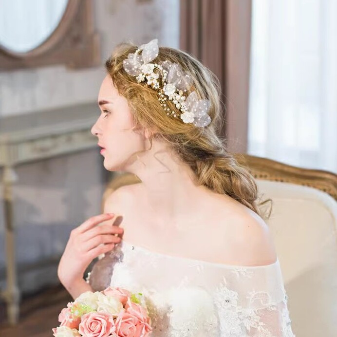 闺蜜新娘镶钻礼服头饰天然珍珠发夹森系韩式超仙婚纱仙美发带结婚