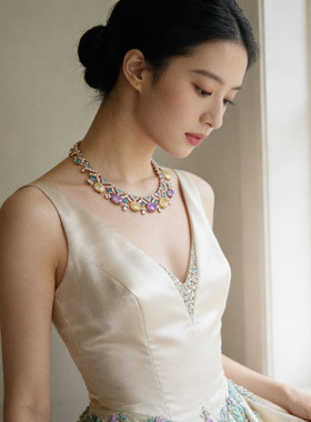 小众设计高级感法式奢华彩色紫色黄钻晚宴礼服项链新娘彩宝锁骨链