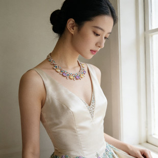 小众设计高级感法式奢华彩色紫色黄钻晚宴礼服项链新娘彩宝锁骨链