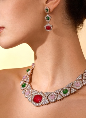 法式复古粉钻红宝石新娘锁骨链