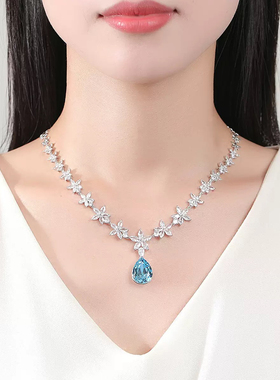 奢华蓝色宝石锆石新娘公主项链