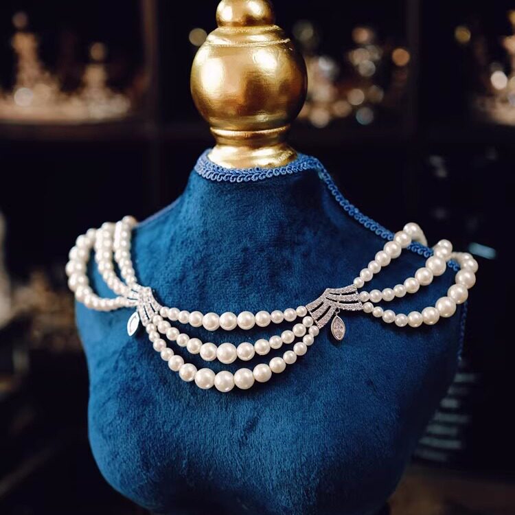 法式复古高级感轻奢多层珍珠中古项链vintage新娘主婚纱礼服配饰