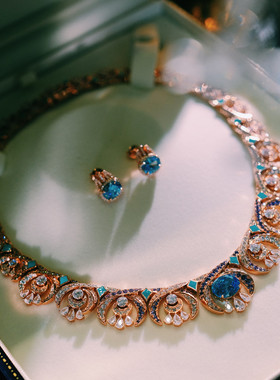 法式复古彩色蓝钻晚宴礼服项链女
