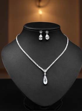 高级感奢华镀银礼服结婚合成镶嵌闪耀新娘婚纱项链耳环蓝色套装闪