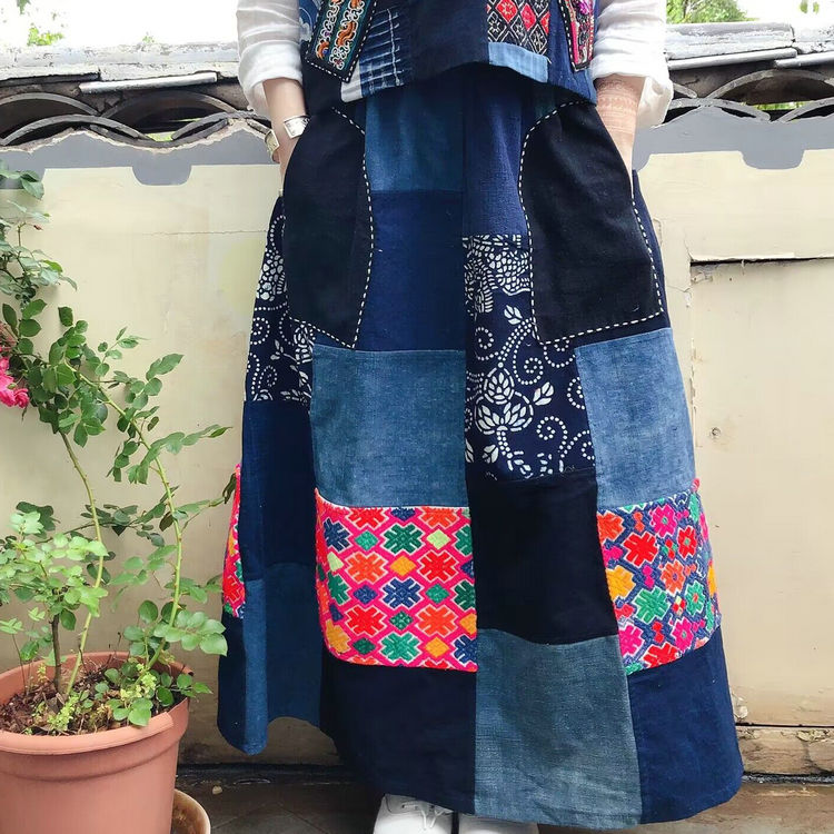 民族风拼布半身裙织锦蜡染长裙