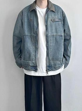 WHICHONE 美式秋季复古水洗做旧撞色领短款翻领牛仔夹克男外套