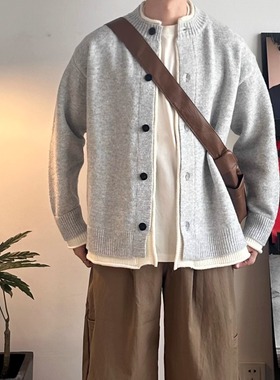 WHICHONE秋冬复古加厚假两件开衫毛衣男慵懒风宽松针织衫外套