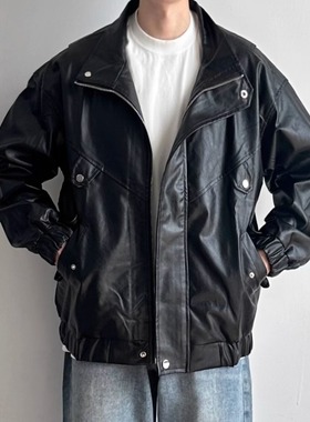 WHICHONE美式复古PU皮衣外套男宽松休闲百搭夹克上衣