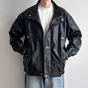 WHICHONE美式复古PU皮衣外套男宽松休闲百搭夹克上衣