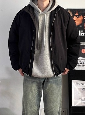 WHICHONE美式复古立领拉链棉服男加厚保暖宽松百搭黑色棉衣外套