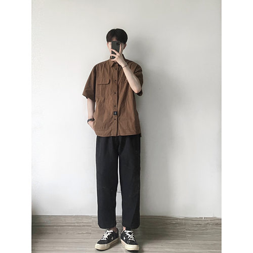 日系夏季重磅咖啡色工装半袖