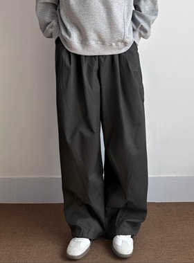 WHICHONE日系复古休闲纯色休闲抽绳阔腿裤宽松百搭长裤
