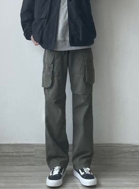 WHICHONE 日系春季复古四季可穿纯棉工装多口袋直筒工装长裤