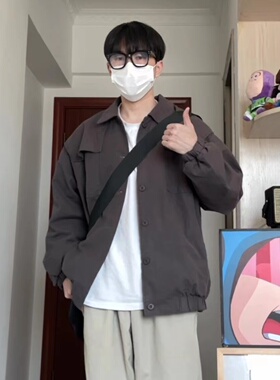 WHICHONE 日系春秋工装口袋翻领深灰色宽松休闲夹克外套男