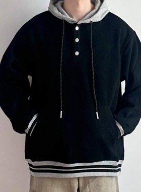 WHICHONE日系秋季假两件拼接撞色宽松连帽卫衣男套头衫