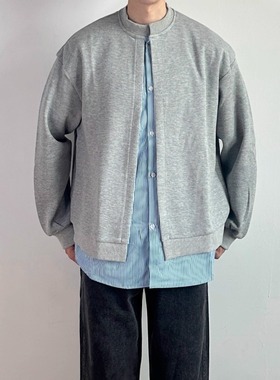 WHICHONE秋季美式复古假两件开衫卫衣男宽松休闲百搭长袖上衣外套