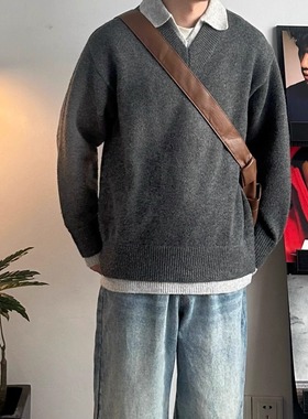 WHICHONE日系复古假两件翻领针织衫男撞色百搭宽松套头毛衣慵懒风