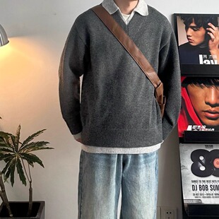 WHICHONE日系复古假两件翻领针织衫男撞色百搭宽松套头毛衣慵懒风