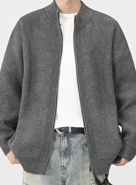 WHICHONE通勤秋冬复古灰色针织开衫毛衣针织宽松外套上衣