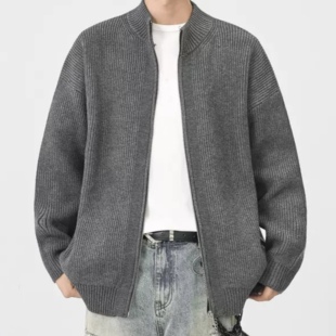 WHICHONE通勤秋冬复古灰色针织开衫毛衣针织宽松外套上衣