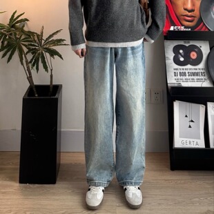 WHICHONE美式复古水洗牛仔裤男宽松阔腿长裤休闲百搭直筒裤