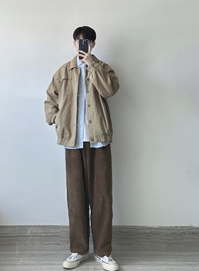 WHICHONE 日系秋冬工装口袋翻领低饱和宽松休闲夹克外套男