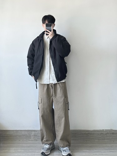 WHICHONE 日系冬季线条纹立领宽松口袋面包服插肩袖保暖棉服外套