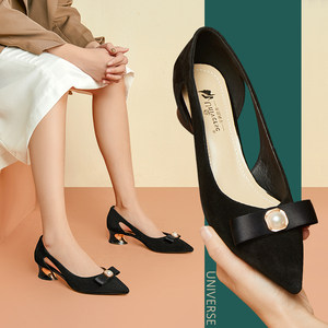 浓情漫宇年新款气质粗跟黑色手工舒适真皮女鞋丝带装饰温柔鞋