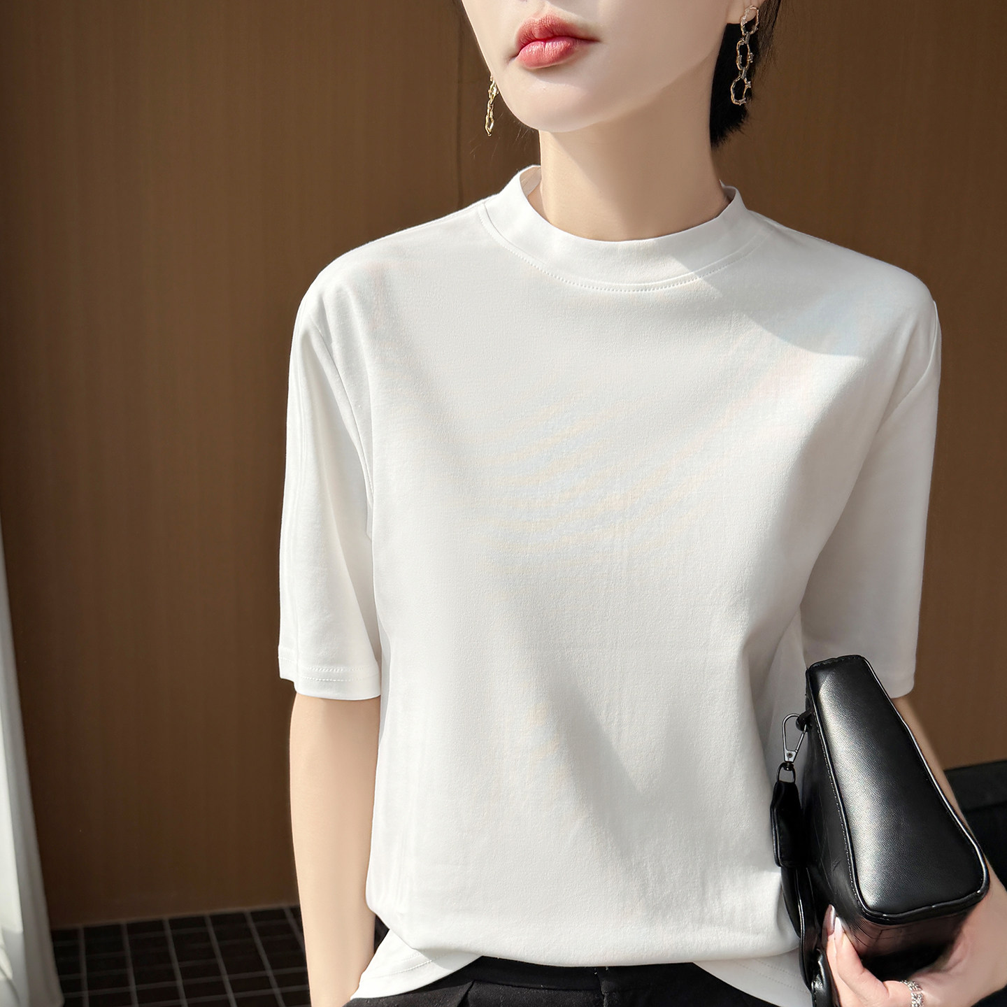 高端极简风半高领五分袖纯棉T恤女宽松百搭休闲后中线上衣打底衫