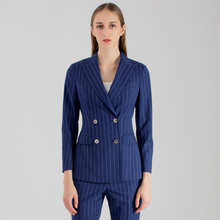 春季新款美容院美业团队工作服时尚休闲女士小西装两件套蓝色条纹