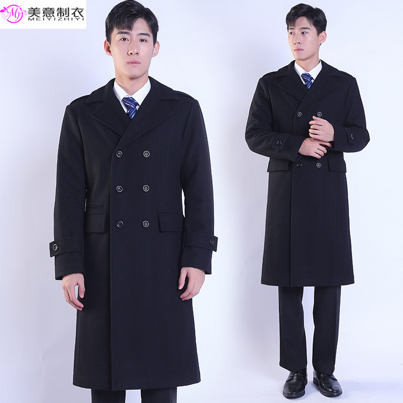 冬季加厚礼宾行李员门童男士黑色双排扣毛呢大衣中长款商务职业装