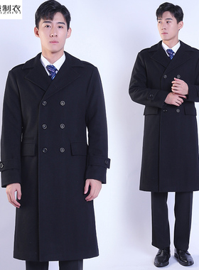 冬季加厚礼宾行李员门童男士黑色双排扣毛呢大衣中长款商务职业装
