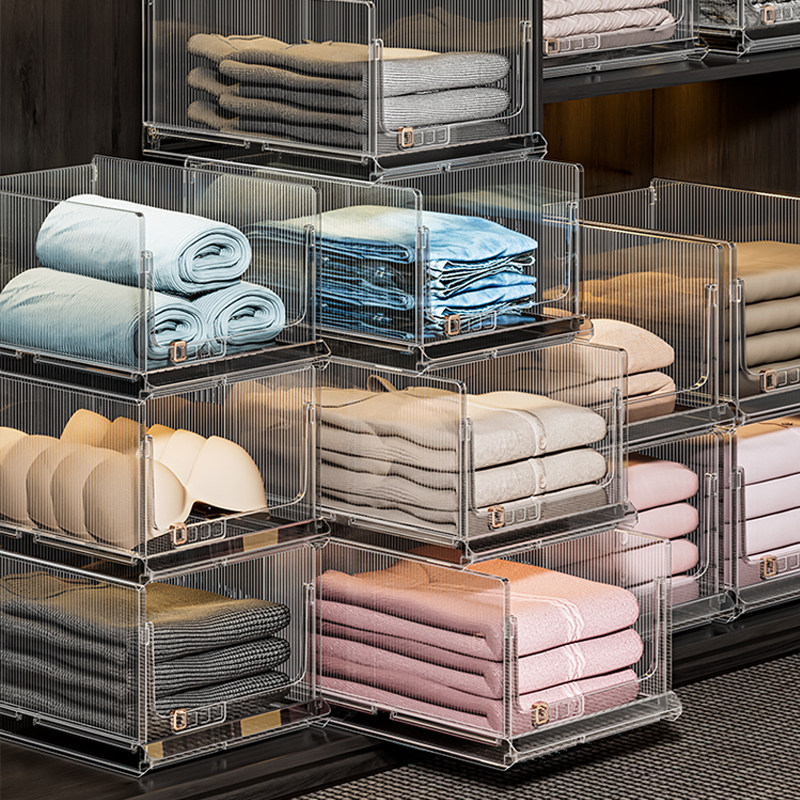 衣柜衣服折叠透明收纳筐家用可叠加抽屉式衣物收纳箱子储物筐神器