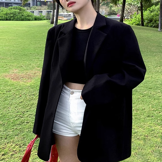 oversize灰色西装外套2025春秋新款高级感炸街宽松气质显瘦西服,女装西装,浙宝318