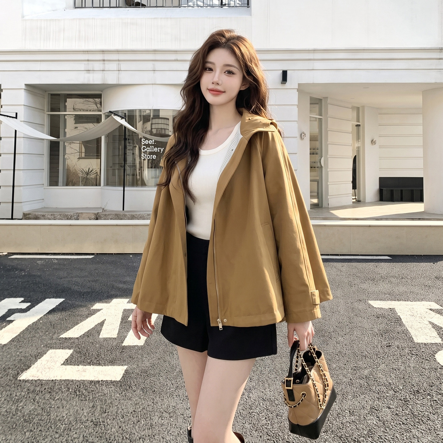 韩系设计感连帽风衣女短款宽松休闲外套小个子秋季穿搭，女装风衣，浙宝318