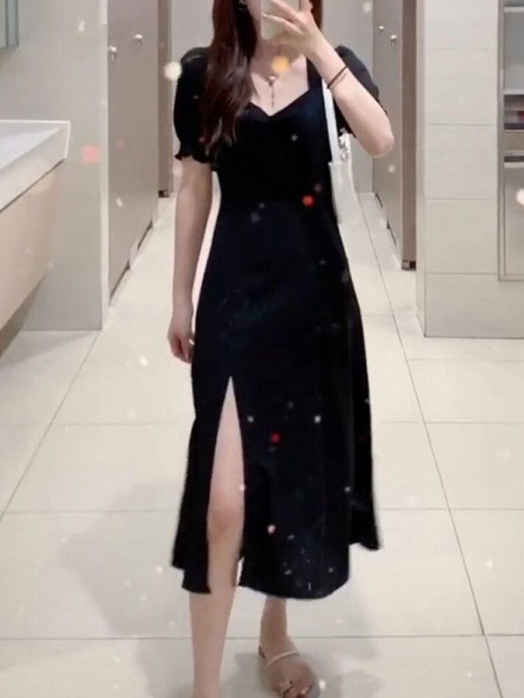 黑色连衣裙女2022年新款夏装气质方领显瘦赫本风侧开叉长款小黑裙,女装连衣裙,浙宝318