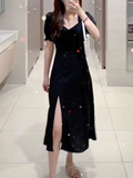 黑色连衣裙女2022年新款夏装气质方领显瘦赫本风侧开叉长款小黑裙，女装连衣裙，浙宝318