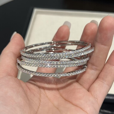 升级版！2mm莫桑钻半钻半素极细开口手镯925银9g 叠戴百搭