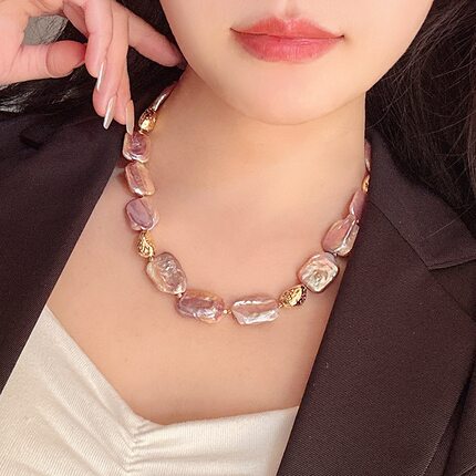 轻奢法式复古天然方块巴洛克淡水珍珠项链女小众高级感锁骨链颈链