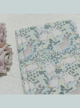 躲在耳里|稚菟|绿色小清新兔子复古可爱少女心布面笔记本A5硬面本