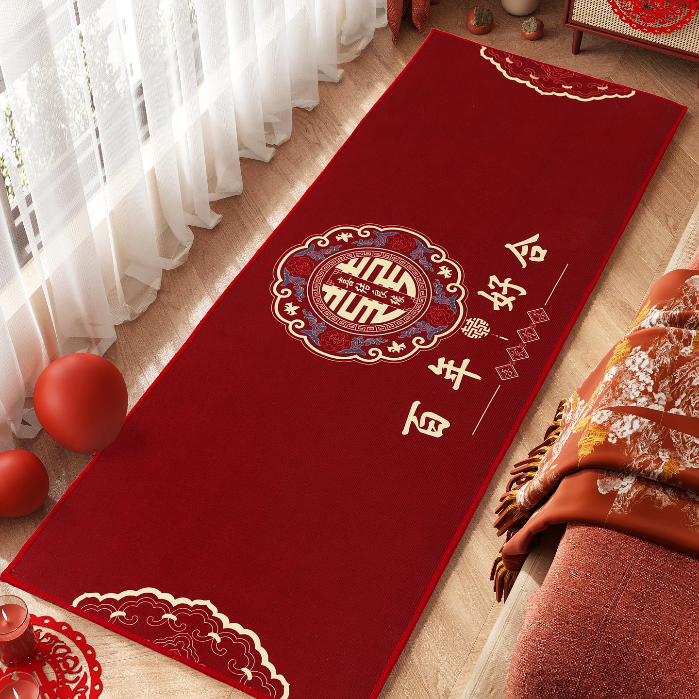 婚房布置结婚卧室喜字床边红地毯婚礼入户门防滑地垫进门口脚垫