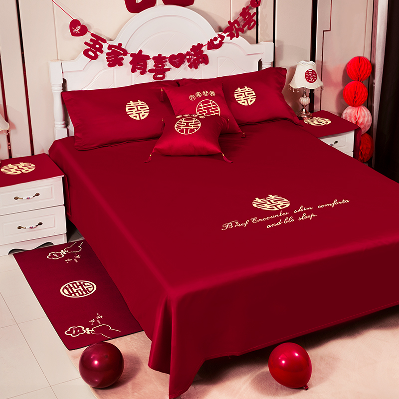 结婚女方陪嫁七件套婚床被单枕巾枕套新房床头柜盖布新房卧室装饰